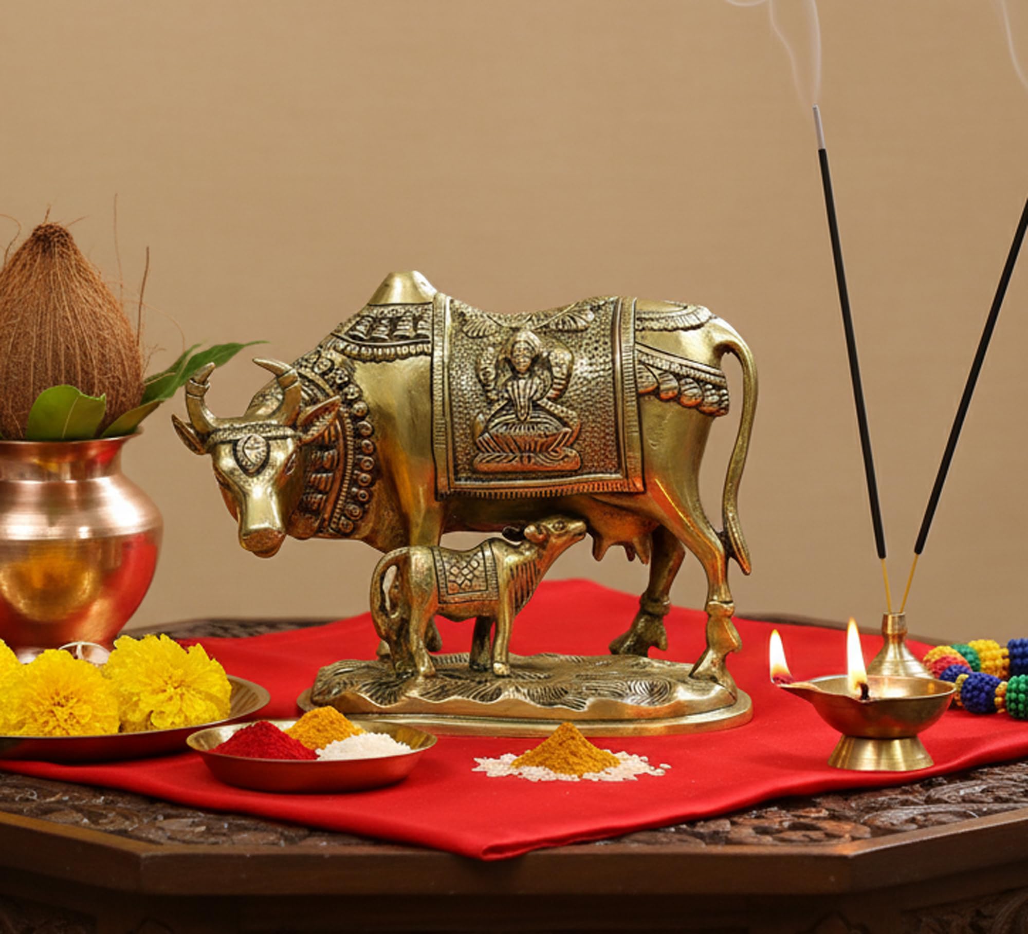 Esplanade Gold Brass Holy Kamdhenu Kamadhenu Cow And Calf Sculpture - Lucky Figurine Idol Statue Sculpture (6 Inch)