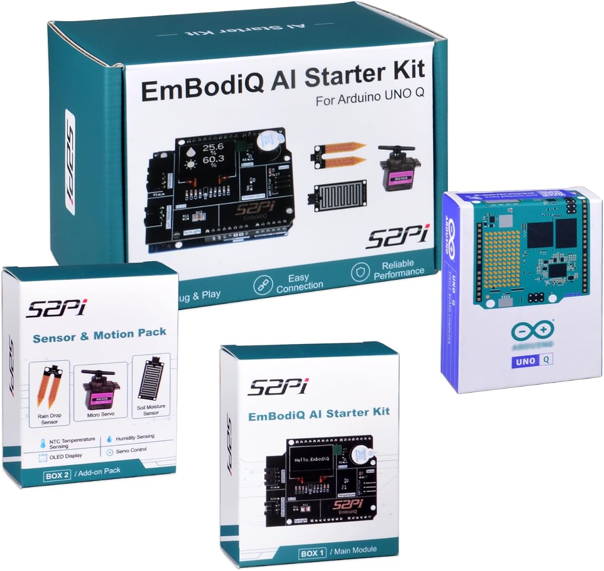 GeeekPi EmbodiQ AI Starter Kit for Arduino UNO Q – 4GB RAM, 32GB eMMC, AI Agent HAT, Soil Moisture & Raindrop Sensors, Servo, Acrylic Mount – Natural Language Control
