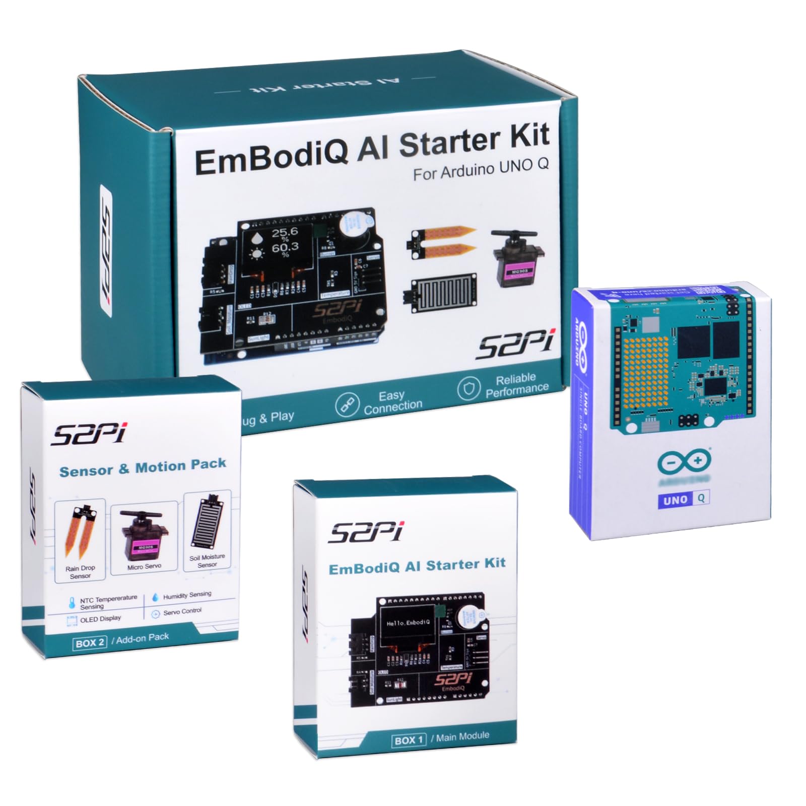 GeeekPi EmbodiQ AI zestaw startowy do Arduino UNO Q – 4 GB RAM, 32 GB eMMC, AI Agent HAT, czujnik wilgotności gleby i kropli deszczu, serwo, uchwyt akrylowy – sterowanie głosem i automatyzacja