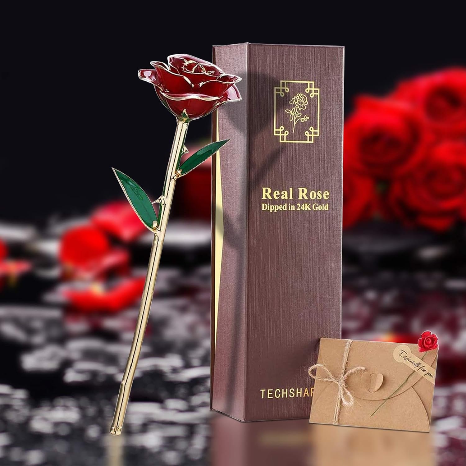 TECHSHARE 24K Gold Rose, Valentines Day Gifts for Her/Wife/Girlfriend/Mother Birthday (Red Rose with Stand)