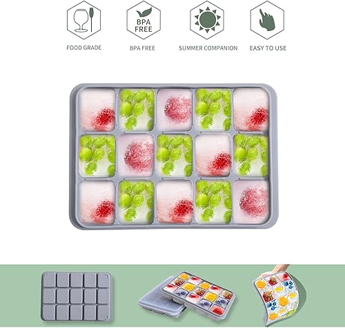 Miniatura 3 de Juego de 2 bandejas para cubitos de hielo, fácil liberación, 15 moldes flexibles de silicona para cubitos de hielo con tapa extraíble, bandejas de