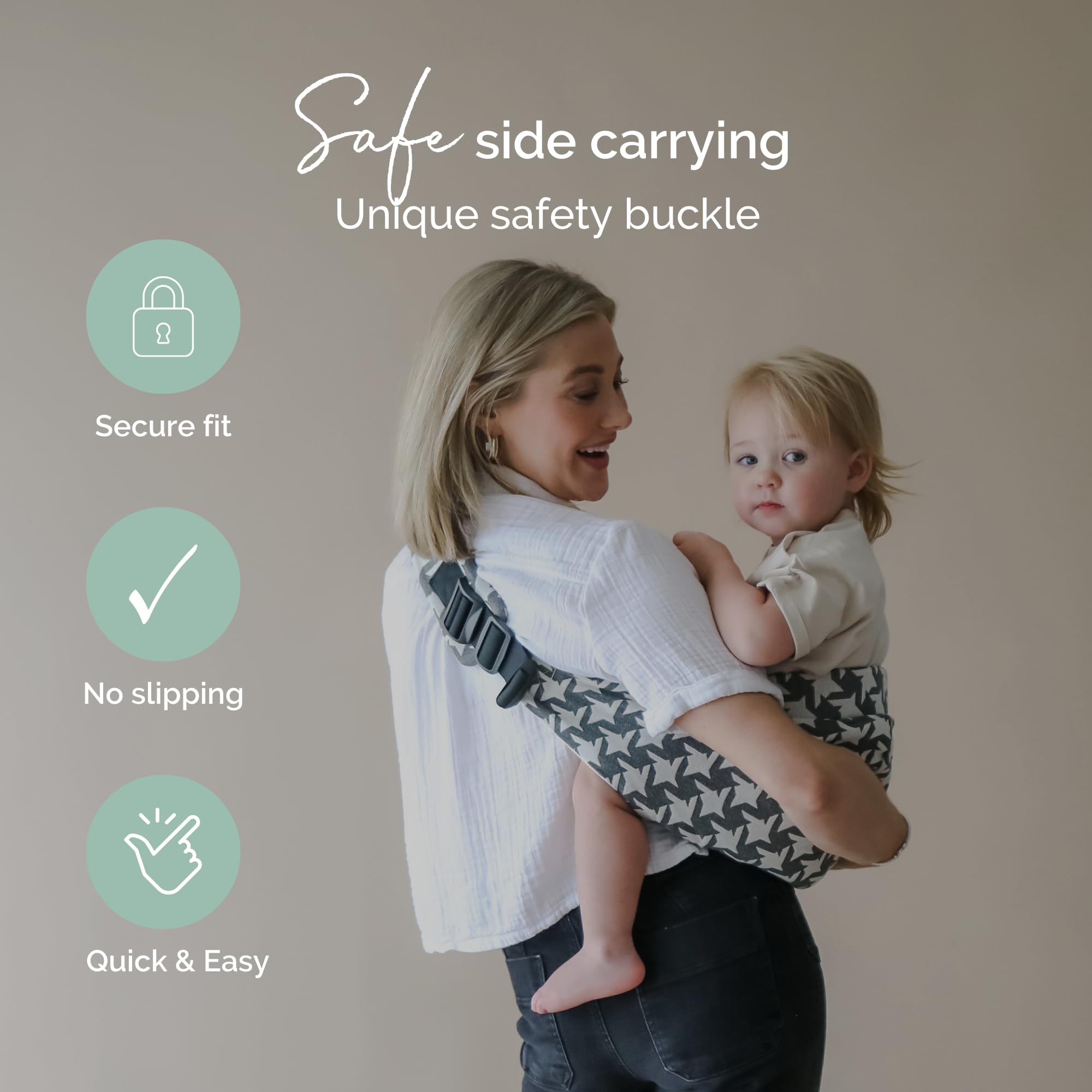 Boba Buddy Hüfttrage Baby bis Kleinkind - Hahnentrittmuster Babytrage Seitlich, Kindertrage mit verstellbaren Gurten, Sicherheitsverschluss & geräumigem Sitz, inkl. Tragetasche (9-48 Monate/8-20 kg)