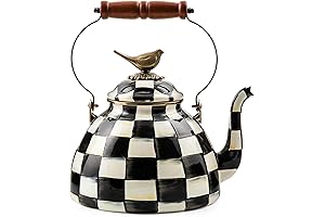 MACKENZIE-CHILDS Black and White Check Checkered Tea Kettle with Bird Finial