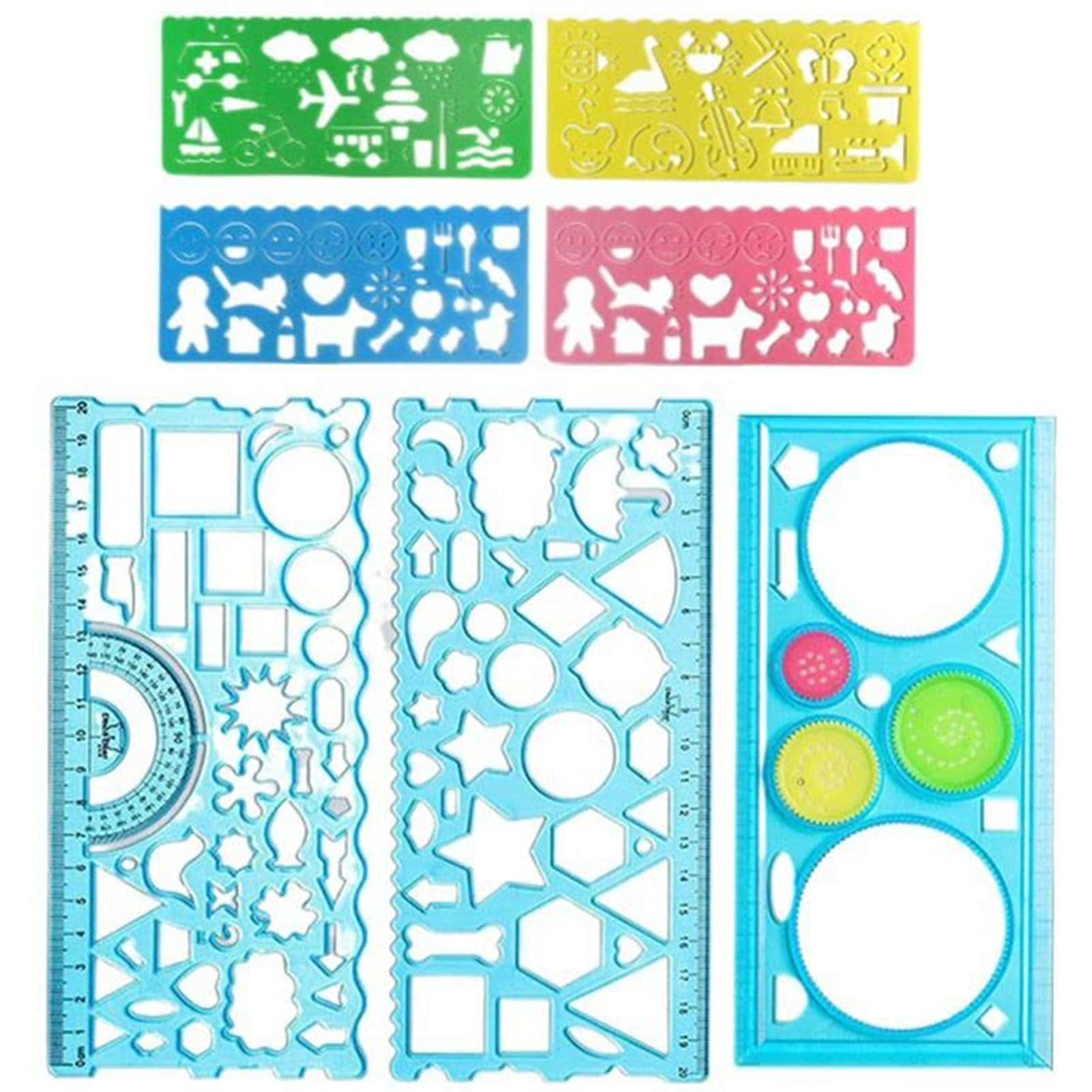 7 Piezas Reglas Geométricas y Plantillas de Círculo para Dibujo y Pintura, Regla Plástica, Herramienta de Medición para Niños (Azul)