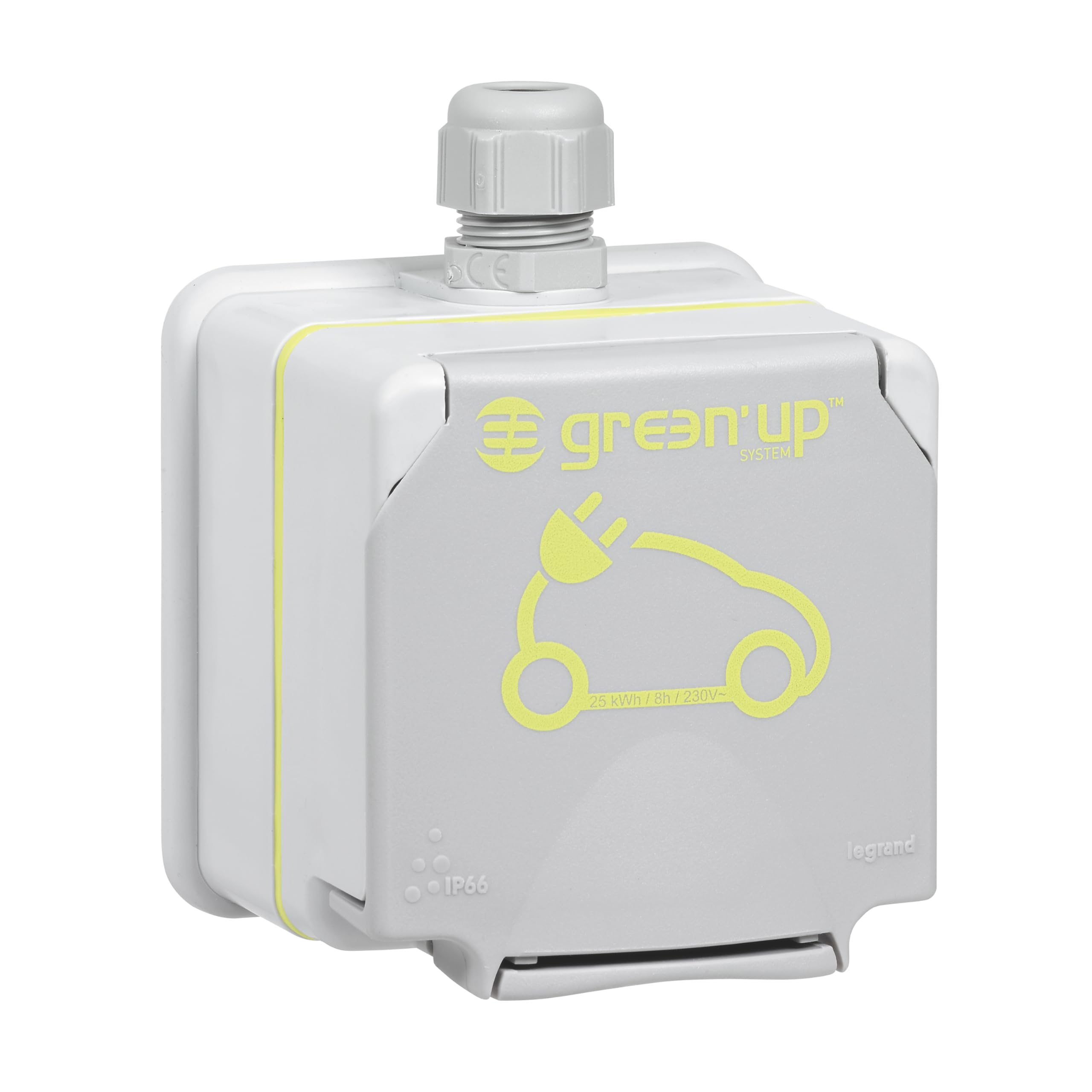 LEGRAND, Green' Up 090470DE - Presa elettrica per veicoli elettrici e veicoli ibridi, modalità 1&2, 1 fase, corrente di carica 8-16A, 3,7 kW, 230 V, AP, IK08, IP44, con interruttore FI/LS, C16, 30 mA,