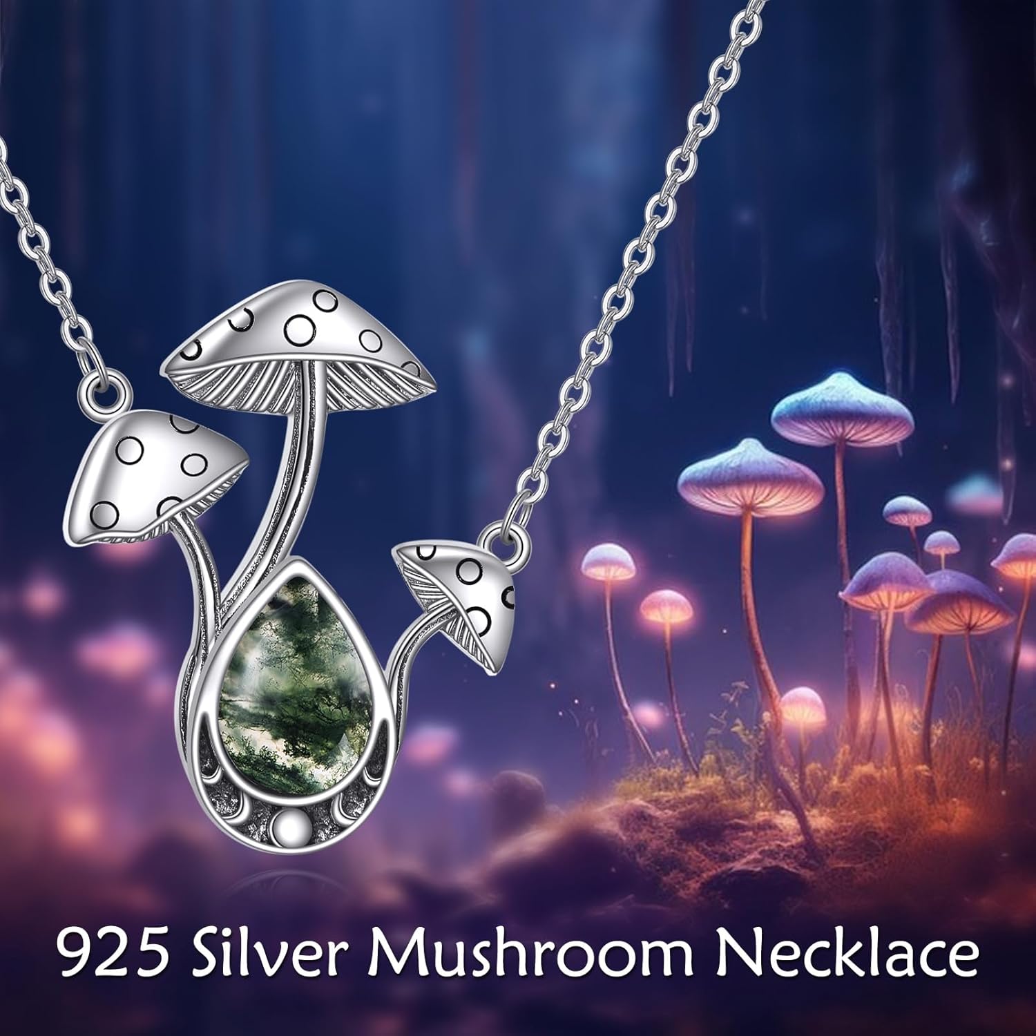 Mushrooms Moon Phase Necklace 925 Sterling Silver Mushrooms Pendant Moss Agate Jewelry for Women - Image 5