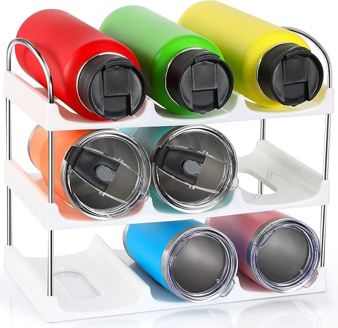 LARGER Compartment - 3 Tier Stackable Water Bottle Organizer Holder - for Stanley 40oz & Others' Large Tumbler - Clear Wine Rack, 12 Cup Bottle Holder for Cabinet Home Countertop Fridge Pantry Shelf