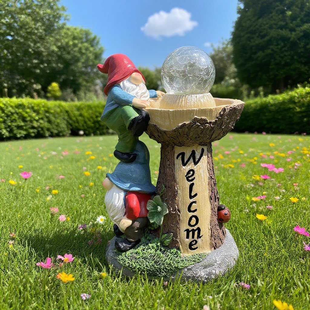Solar Garden Double Gnomes Climbing Fountain Welcome Decor, Garden Gnome Statue Outdoor Decor,Ideal Gifts for Yard, Patio, Lawn & Porch - Outdoor Decor Led Lights Unique Gift for Mom