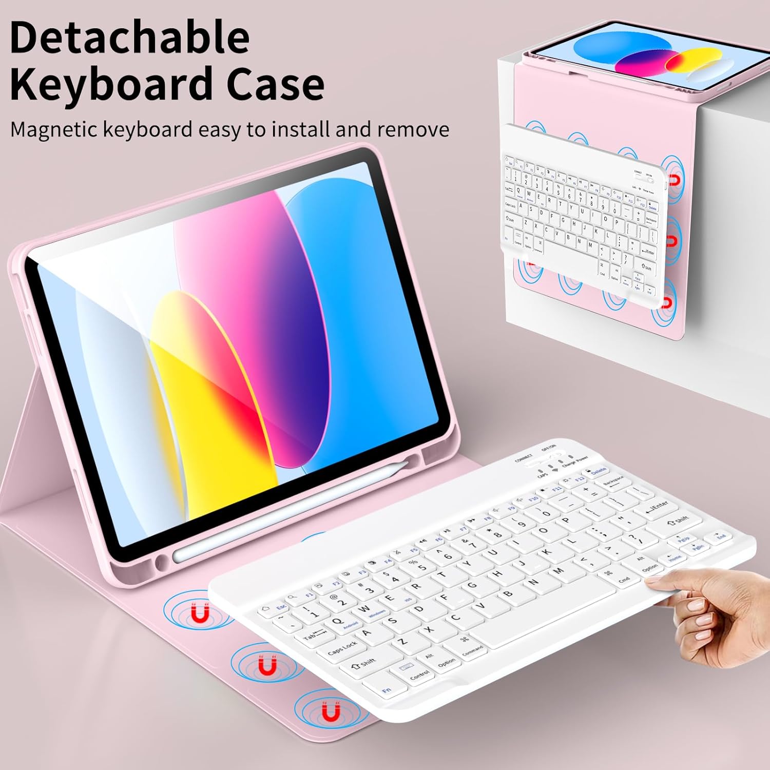 Keyboard Case for iPad (A16) 11th Gen 11 Inch 2025, iPad 10th Generation 10.9 Inch 2022, Detachable Wireless Bluetooth Keyboard with Built-in Left Side Pencil Holder (Pink)