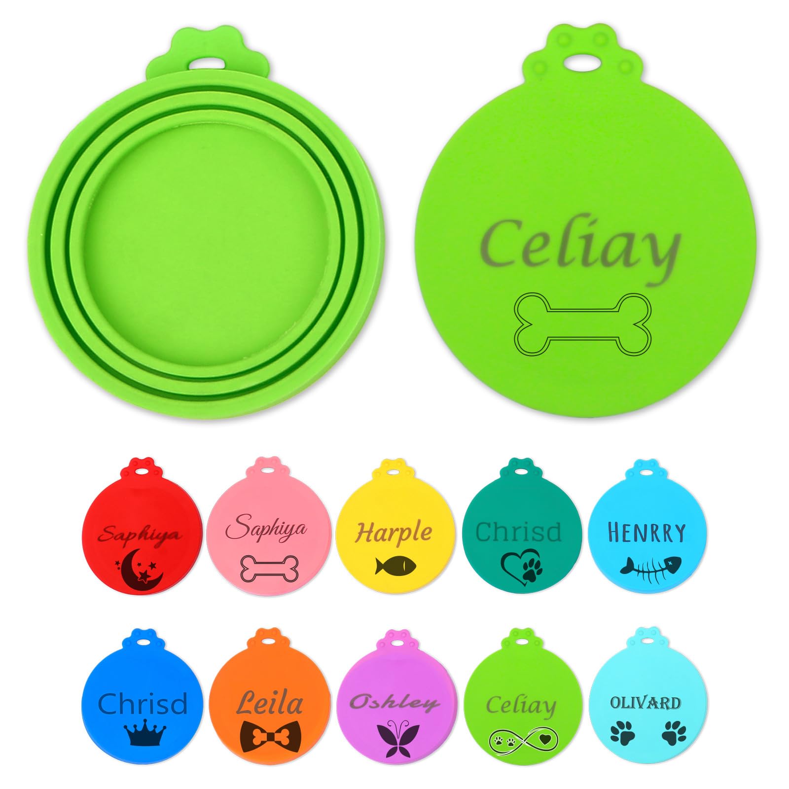 NGTSFLY Custom Name Pet Food Can Cover, Silicone Lids for Dog & Cat Food (Universal Size, Fits 3 Standard Sizes), 11 Colors Available (Green)