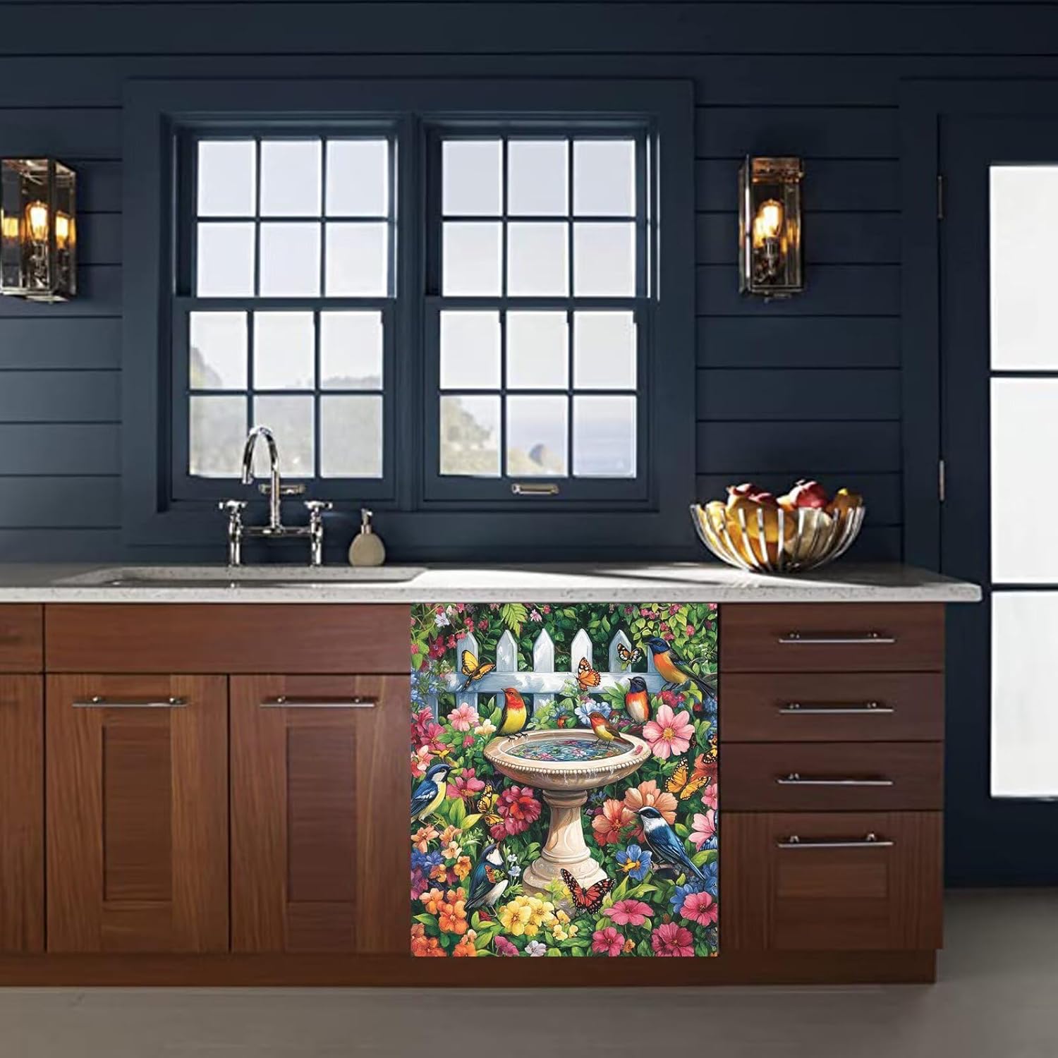 Garden Birds Dishwasher Magnet Cover Decal Vinyl Sticker, Bird Pond Magnet Refrigerator Door Cover, Colorful Flowers and Butterflies Dishwasher Front Door Cover (23" x 26" Magnetic)