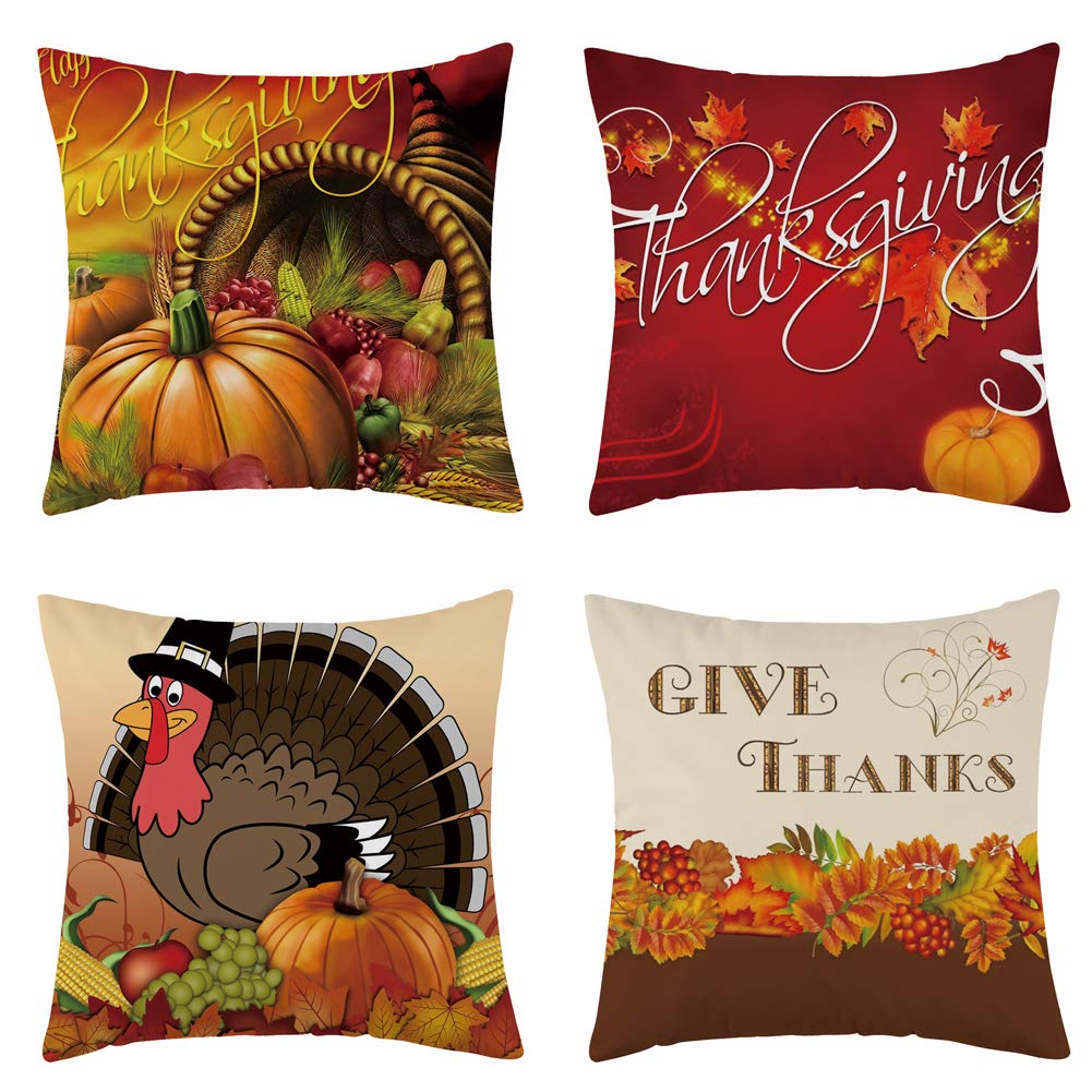 WFLOSUNVE Thanksgiving Turkey Fall Throw Pillow Cover, Soft Flannel Autumn Decorative Pillow Case Cushion Cover for Couch and Sofa, Set of 4, 20x 20 Inch