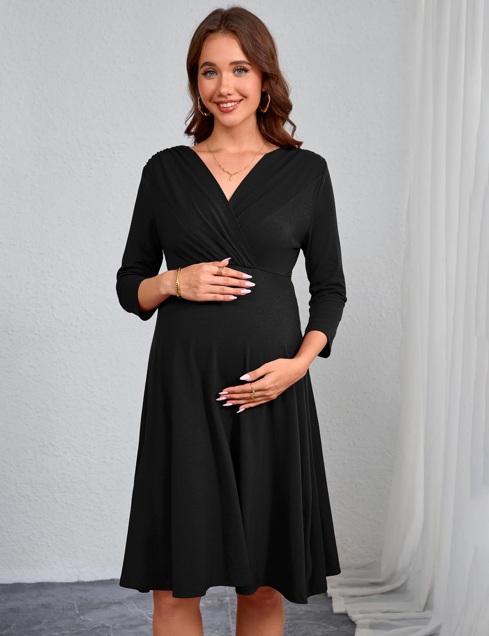 YesFashion Robe de maternité, col en V, taille haute, robe de grossesse, robe confortable pour les femmes enceintes