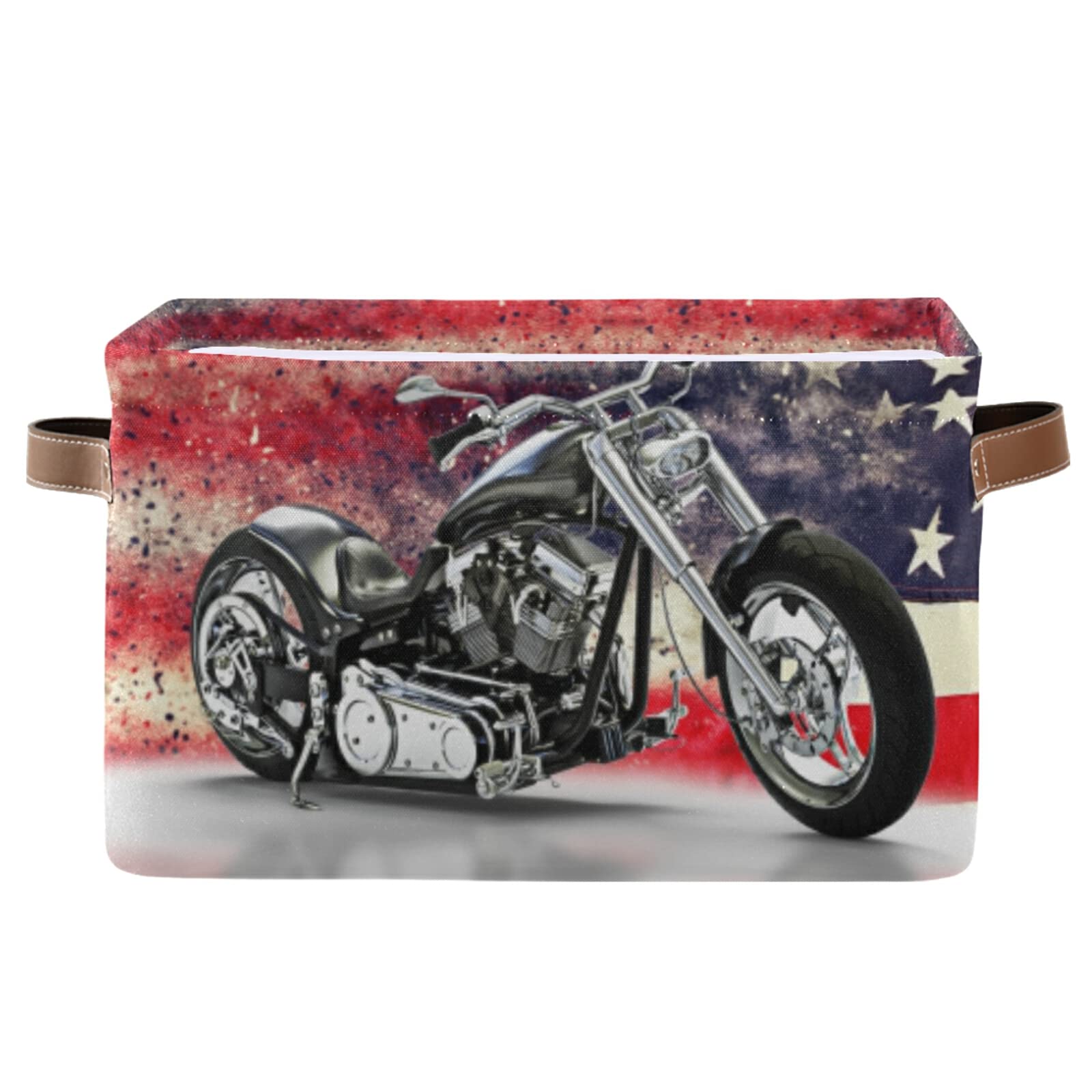 Retro Black Motorcycle with Vintage Old American Flag Background Rectangular Storage Basket Bin, Collapsible Storage Box with Leather Handles, Nursery Baskets Organizer for Kitchen, Kids Toy