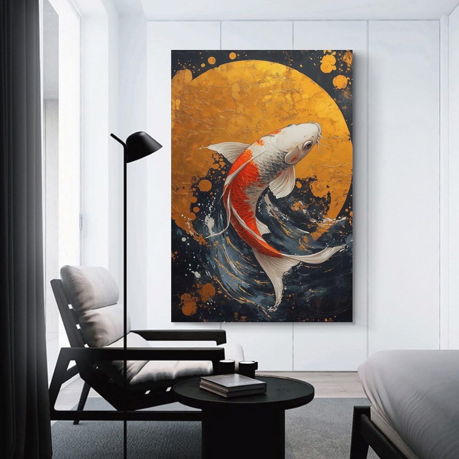 Junmoney Unframe-Style-18 Koi Fish And Golden Moon Art Wall Decor Canvas Print, 20X30inch(50X75cm), For Lounge, Bedroom Or Personal Spaces, Thoughtful Wall Decor For Art Lovers