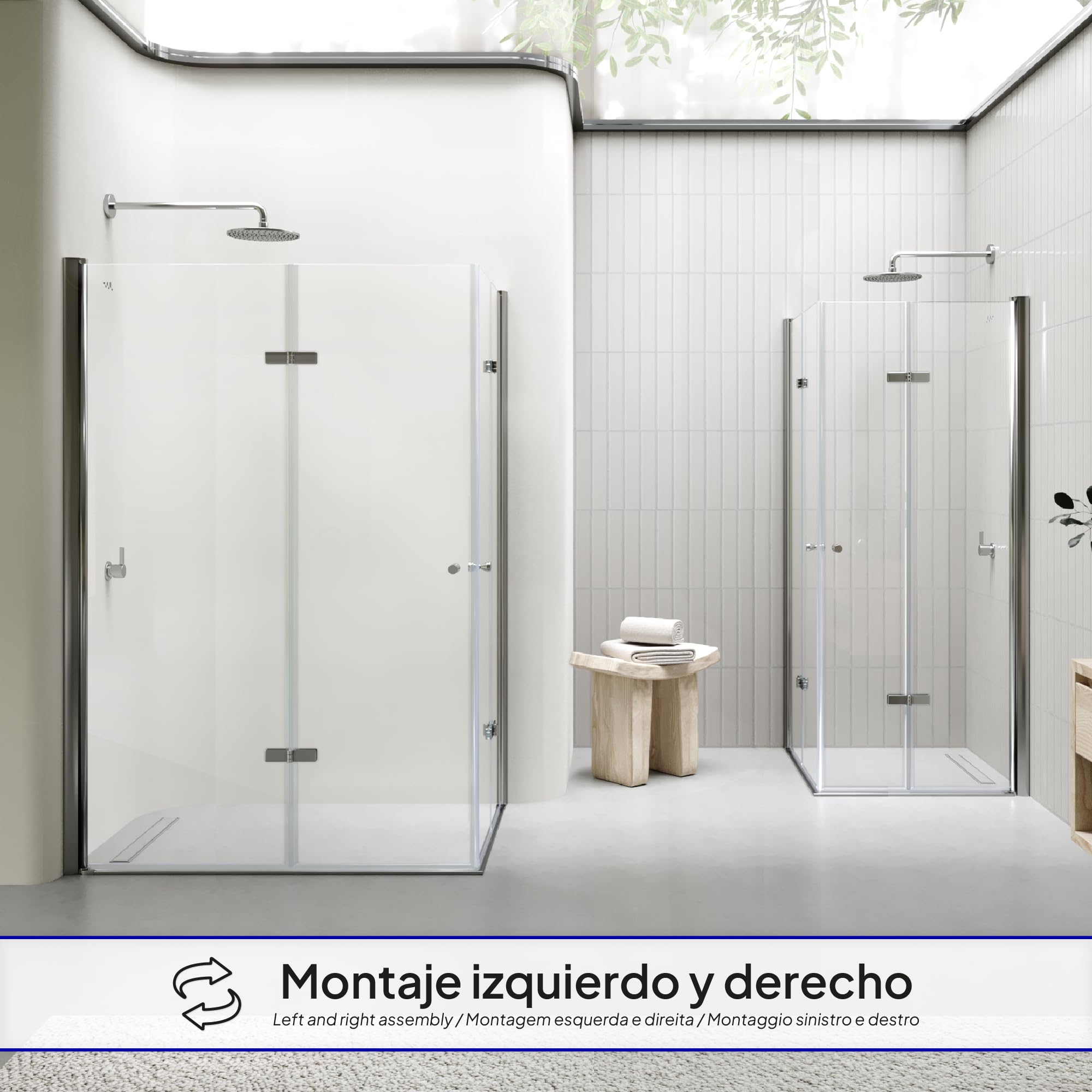 Mampara de Ducha Emma-75x75x180cm|REVERSIBLE|Puertas Plegables, Ajuste 73,5-75,5x73,5-75,5cm|Perfiles Cromo, Cristal Templado Transparente 6mm