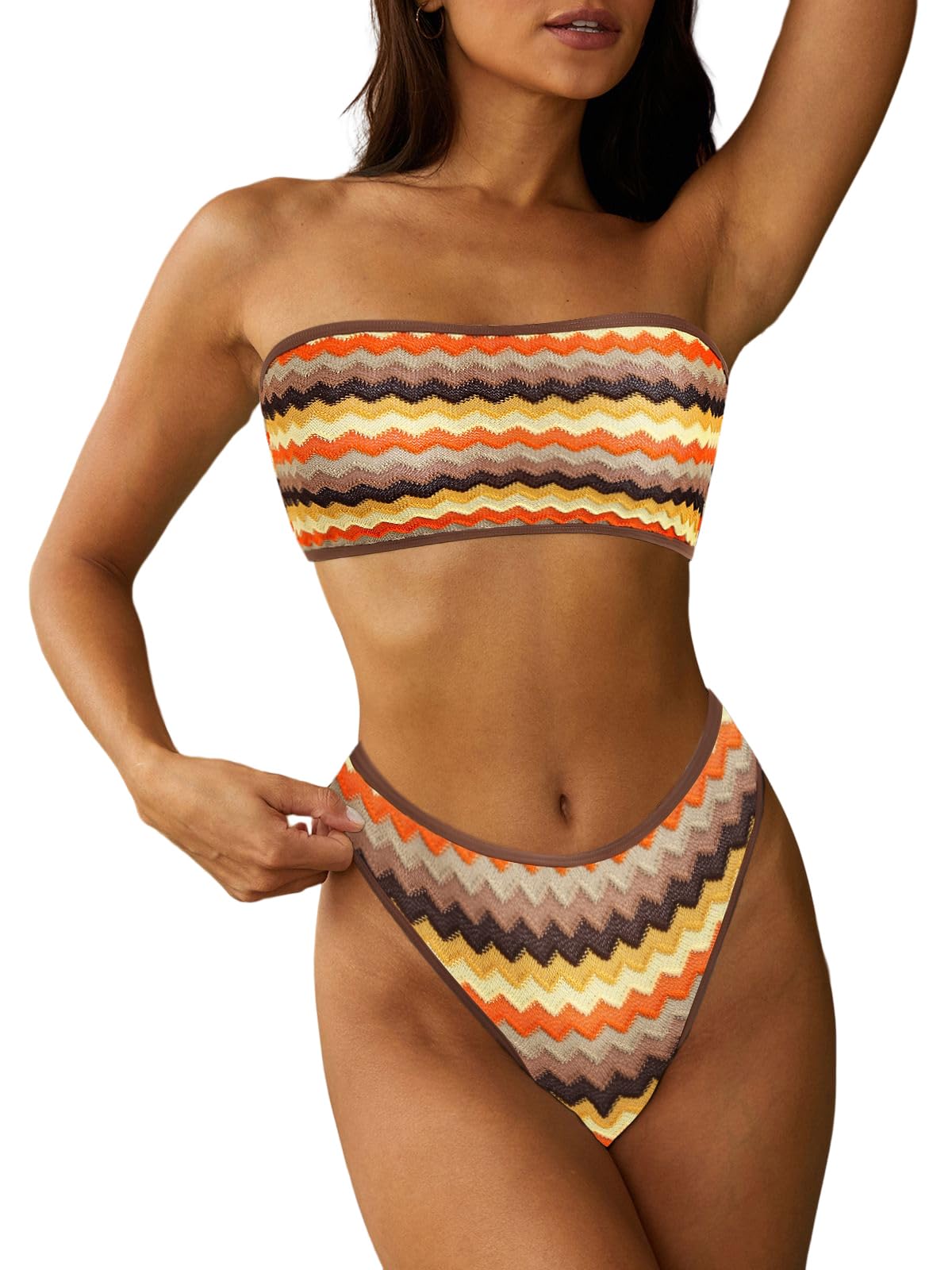 ZAFUL Women Strapless Textured Bandeau Bikini 2 Piece Swimwear Cheeky Solid Lace up Bathing Suits