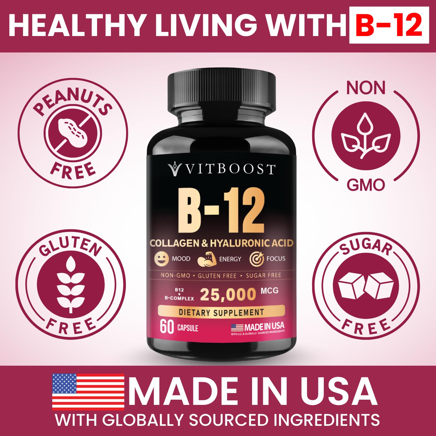 Vitamin B12 with Hyaluronic Acid and Collagen - 25000 mcg B12 Complex, 60Ct — Amazon image 3