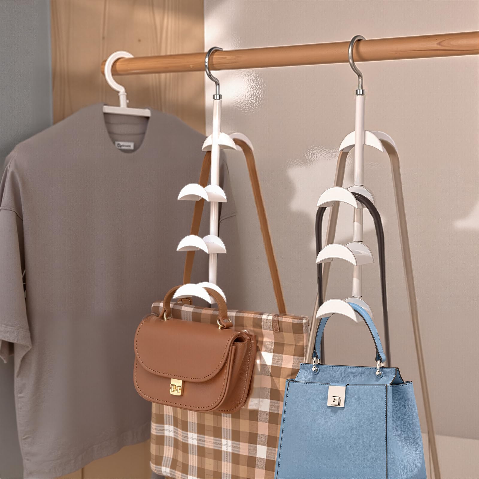 Purse Hanger Organizer for Closet, Hanging Bag Holder, with 4 Hooks, Hanging Organizer for Handbag Keeping Purses, Storage Hook Backpack Rack Space Saving Hanger (1 Pack)