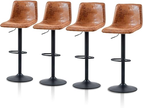 TUKAILAi Juego de 4 taburetes de bar giratorios de 360, tapizados de piel sintética de gamuza y altura ajustable, sillas de barra de desayuno con