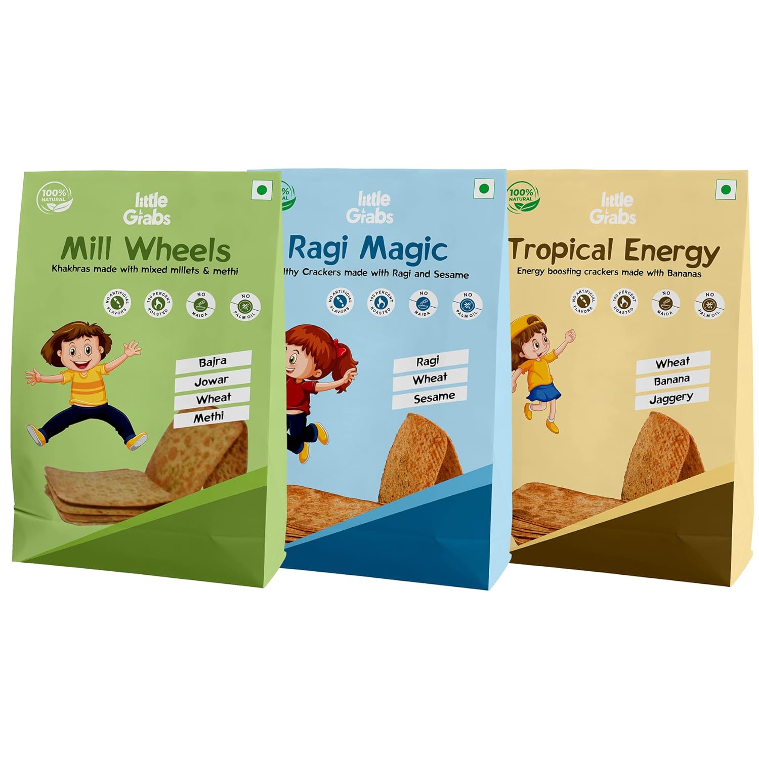 Little Grabs Millet Khakhra Snack Combo – Ragi, Jowar & Banana Flavours | Healthy Baked Snack for Kids & Adults | No Palm Oil or Maida | Hand Roasted | Cold-Pressed Sunflower Oil | Pack of 3 x 100g