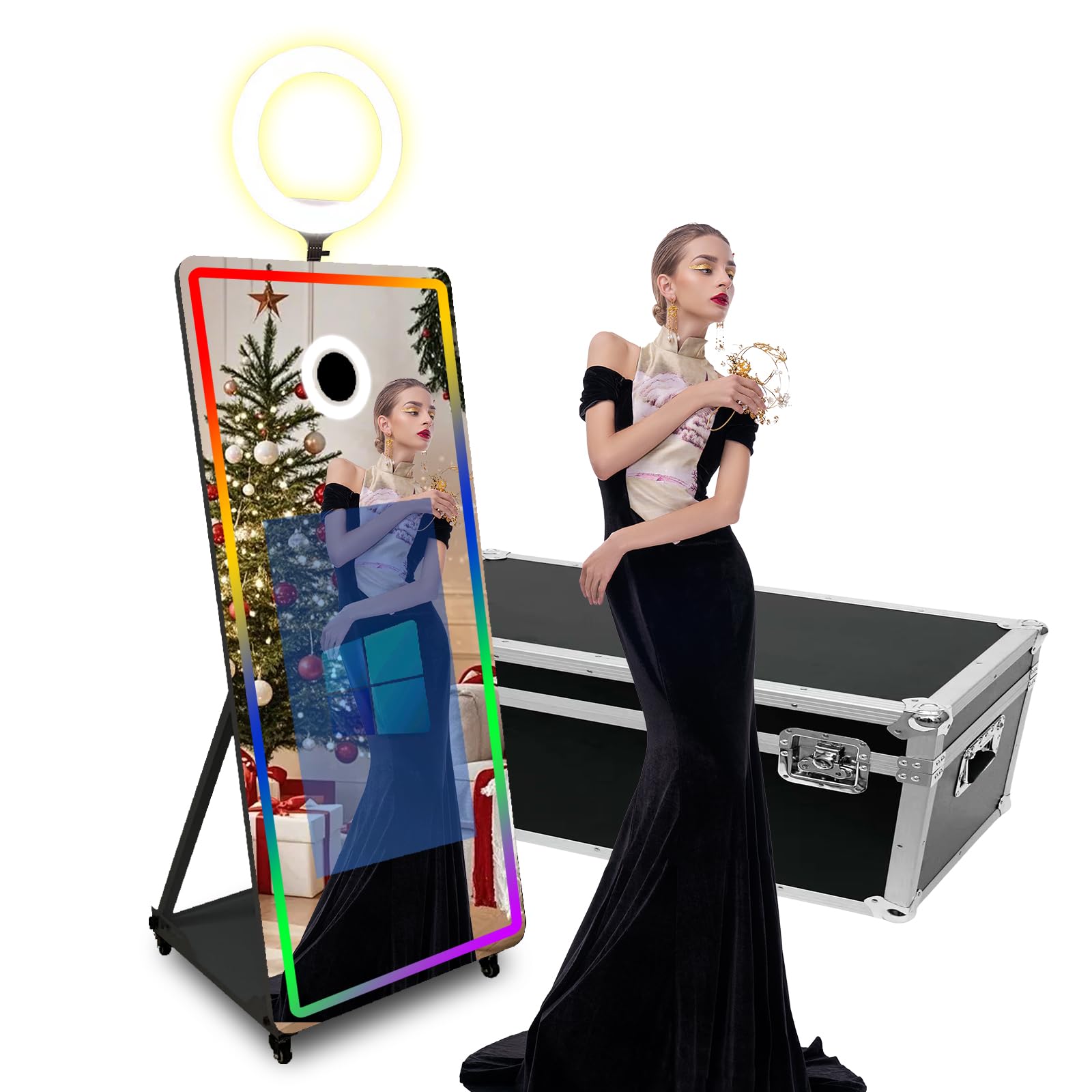 Magic Mirror Photo Booth 165-81.3 cm ekran dotykowy fotobudka maszyna ze światłem RGB, drukowanie pomysłów i udostępnianie na imprezę (czarny + pierścień światła, maszyna)