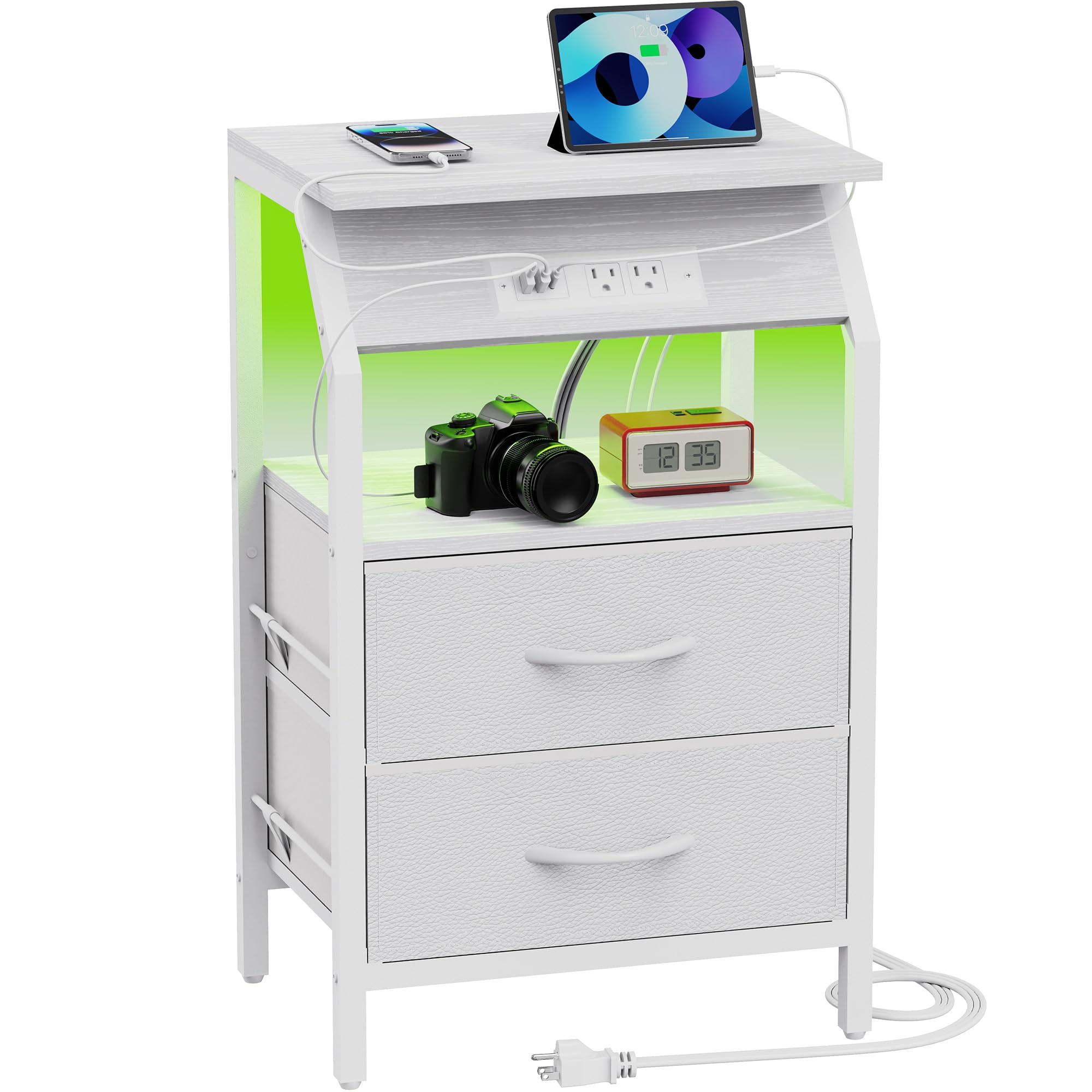 SZLHANJZ End Table with LED Lights, 2 Fabric Drawers and Charging Station