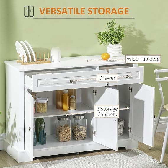 HOMCOM Sideboard Buffet Cabinet, Modern Buffet Cabinet with Storage and 2 Drawers, Coffee Bar Station with Adjustable Shelves for Kitchen, Entryway, White