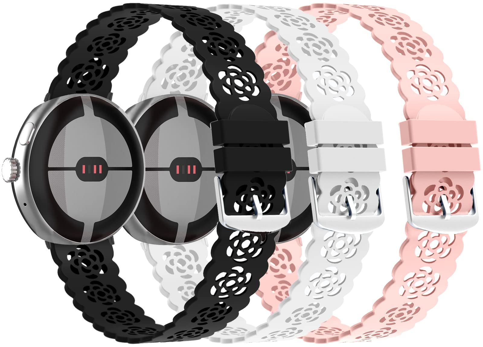 VOMA Lace Silicone Band Compatible with Google Pixel Watch 2 2023/ Pixel Watch 2022, Slim Thin Hollowed-out Sport Band Soft Replacement Strap Wristband for Women, Rose 301