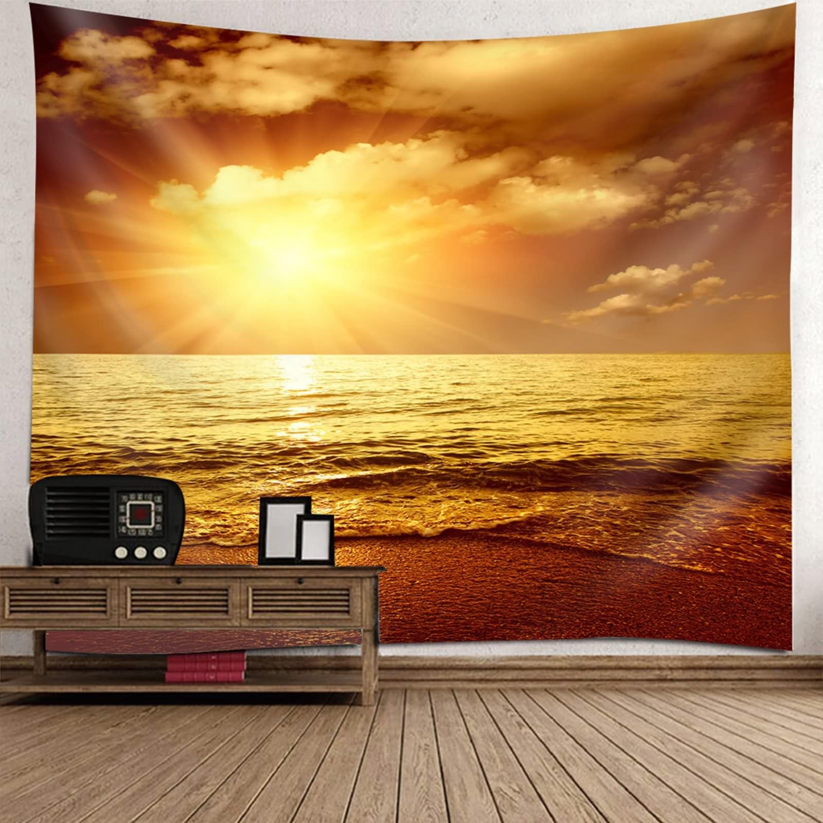 Tapiz para colgar en la pared, playa, 240 x 220 cm, diseño de amanecer, para dormitorio, salón, color amarillo