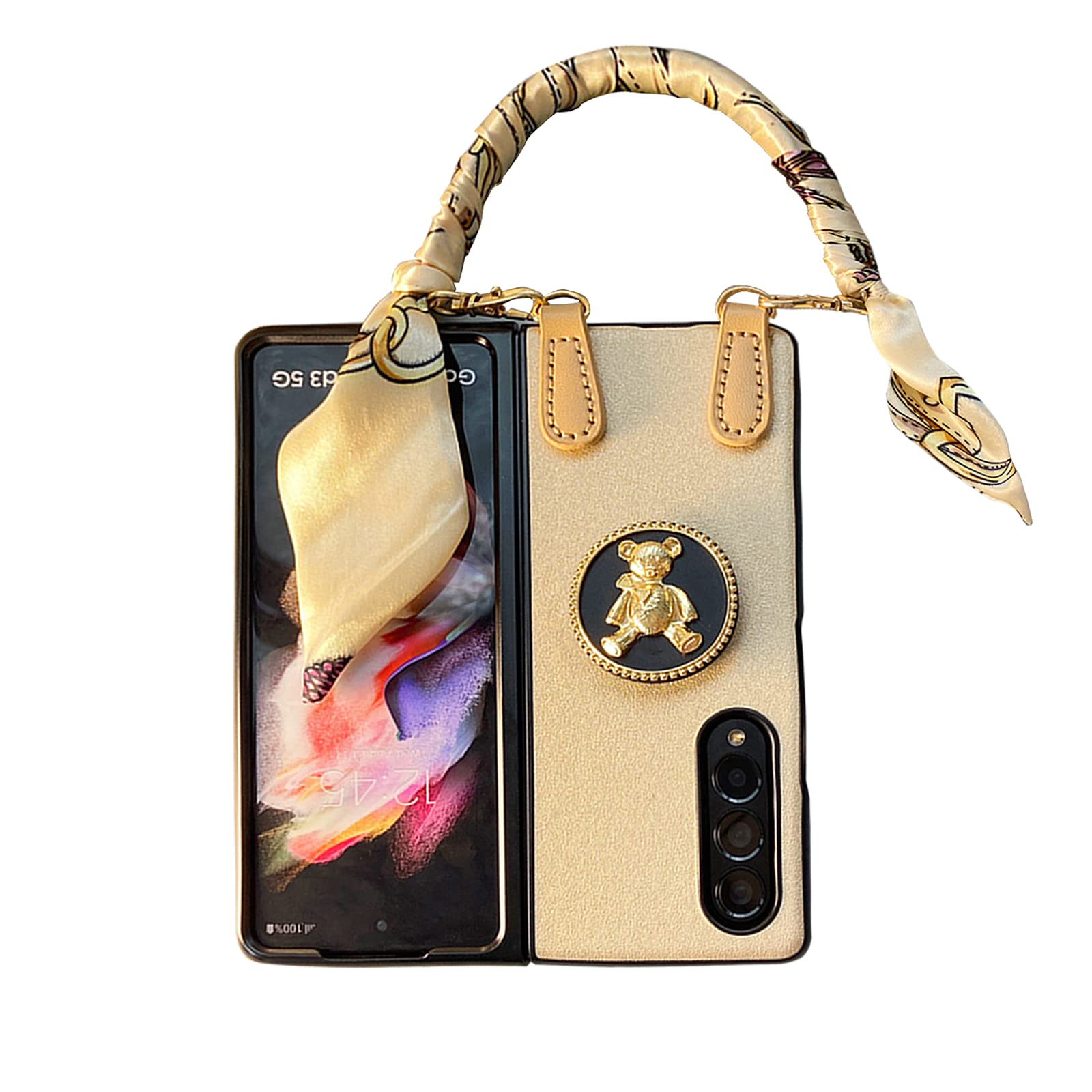 YohulodGalaxy Z Fold 3 Case with Cute Kickstand & Chain, Slim PU Leather Cover with Shockproof Non-Slip Protective for Samsung Galaxy Z Fold 3 5G 2021 Gold