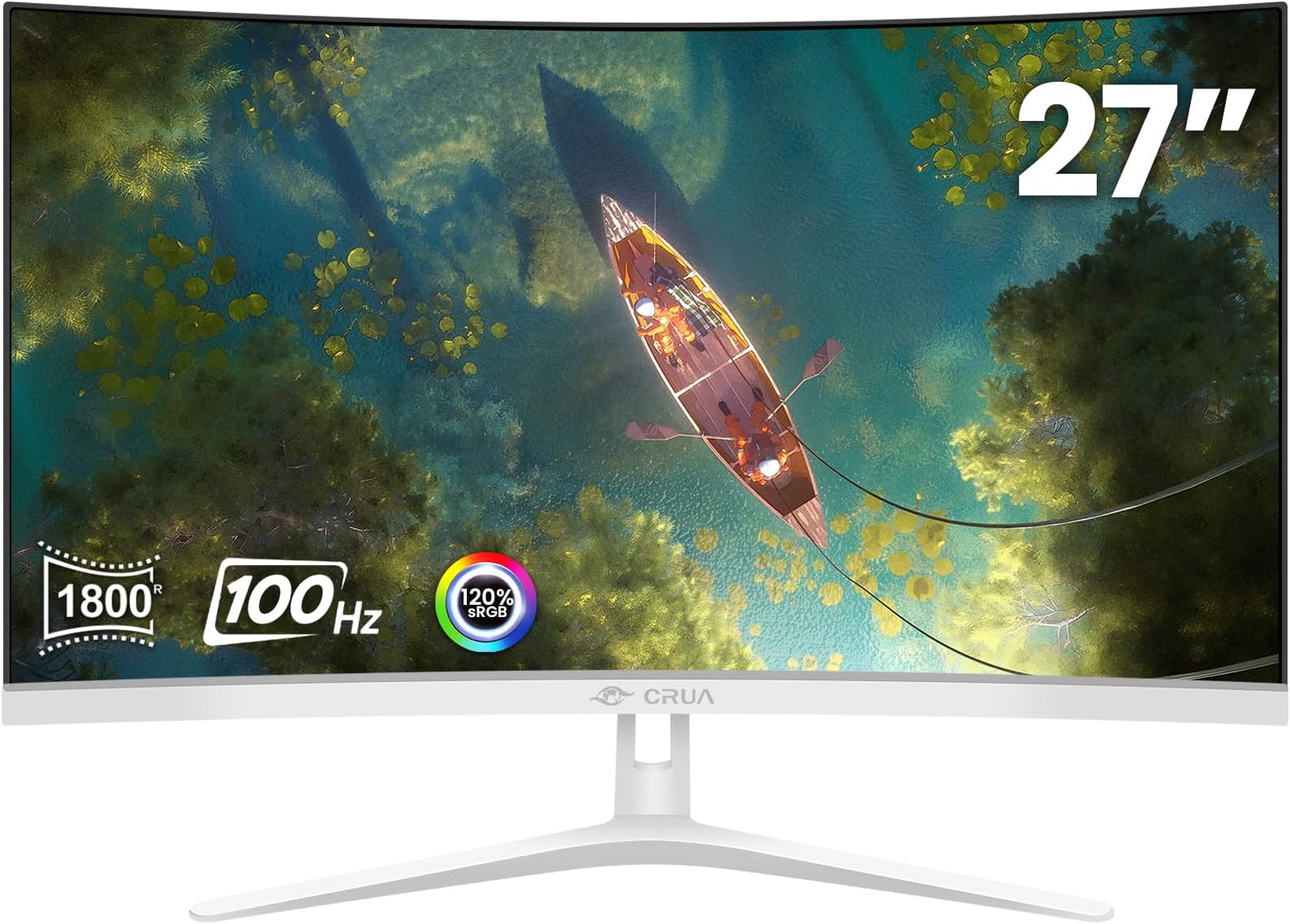 CRUA 27" Curved White Monitor, Full HD(1920x1080P) VA Panel 1800R 100HZ 99% sRGB Professional Computer Monitors, 3Sides Frameless, Flicker-Less,Blue Light Filter, for Office & Gaming.(VGA, HDMI)