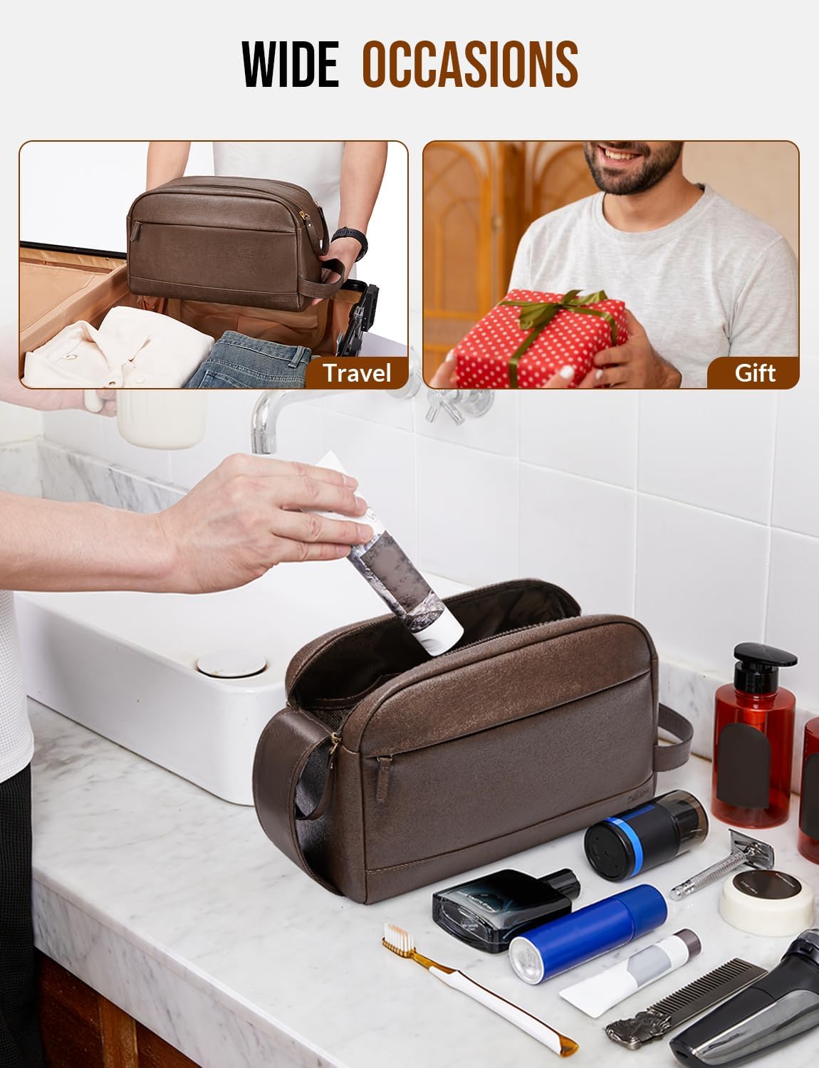 Large PU Leather Toiletry Bag for Men - Water Resistant Travel Bag for Toiletries, Bathroom Essentials, Accessories - Dark Brown
