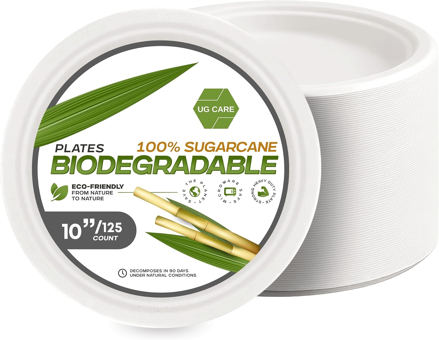 10-Inch Compostable Plates, 125 Count - Heavy Duty 100% Biodegradable Sugarcane Bagasse Disposable Plates, Eco Friendly Paper Plates for Parties, Picnics & Everyday Use, Microwave Safe, Non Toxic