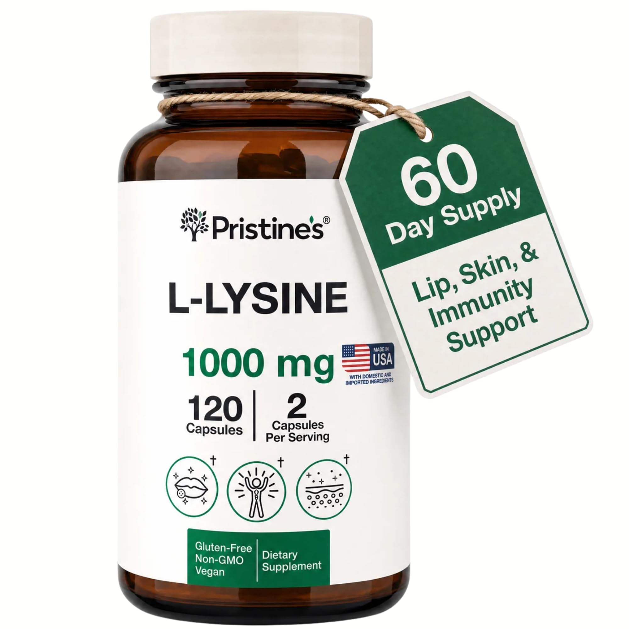 PRISTINE'S L-Lysine 1000mg Capsules, Lip Health & Immune Support, Vegan