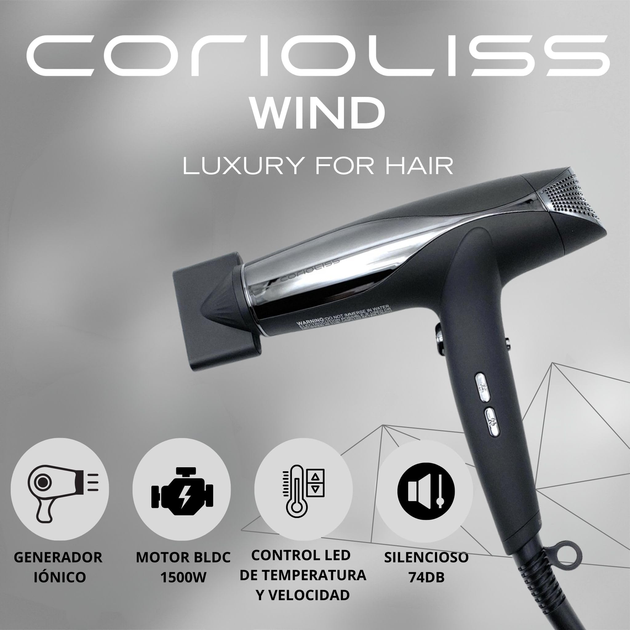 Corioliss Secador de Pelo Profesional Wind con Generador Iónico | Motor BLDC 1500W | Ligero y Silencioso | Difusor y 2 Boquillas Magnéticas | Control LED de Temperatura y Velocidad