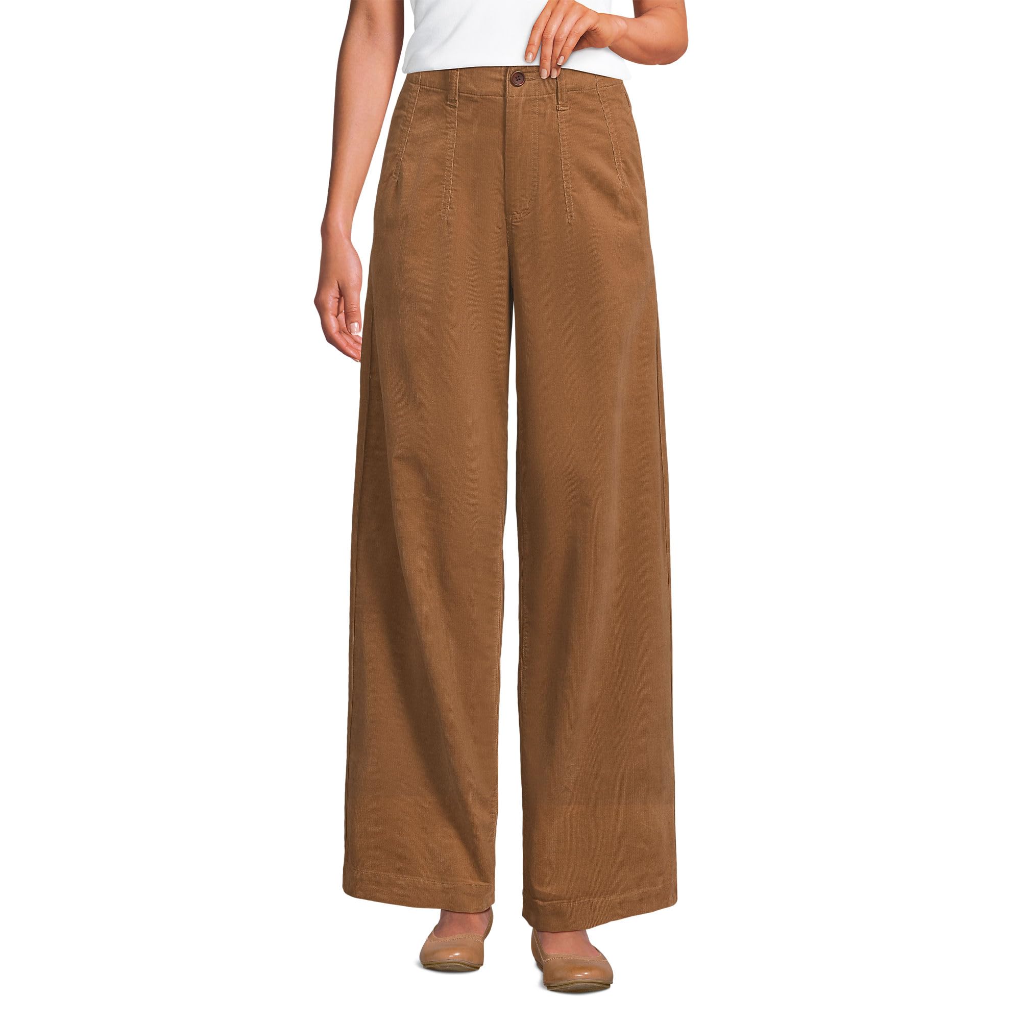 Lands End Womens Corduroy High Rise Wide Leg Top Stitch Trousers