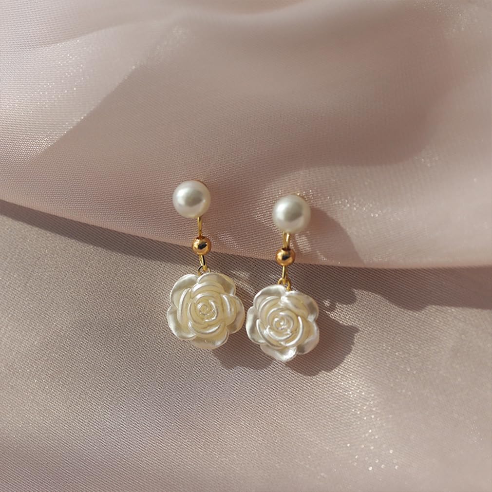 White Pearls Flowers Dangle Earrings for Women Fashion Gold Floral Dangling Earrings Cute Camellia Rose Wedding Prom Statement Jewelry Gifts - Image 5