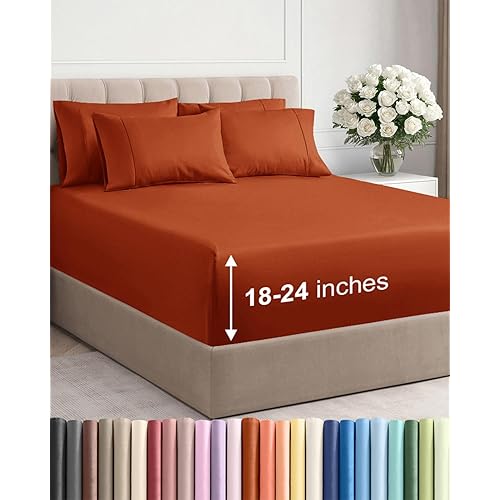 Extra Deep Cal King Sheet Set - 6 Piece Breathable and Cooling Sheets - Hotel Luxury Bedding for Women, Men, Kids & Teens - Easy & Secure Fit - Soft and Wrinkle Free - Extra Deep Pockets - Terracotta