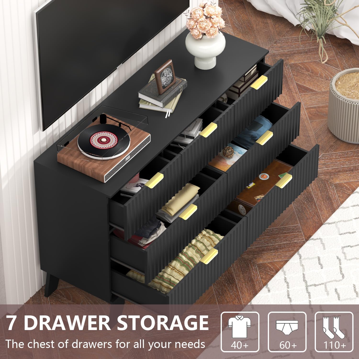 Image showing the 7 drawers of the dresser with items inside
