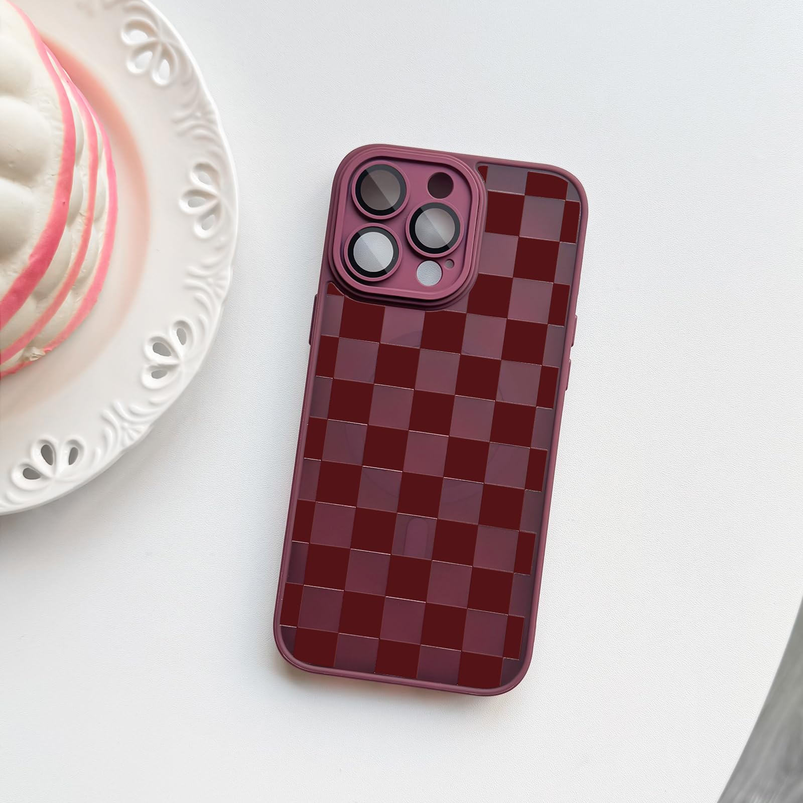 Lovmooful Funda Magnética para iPhone 14 Pro Bonito Cuadrados-Rojo Vino
