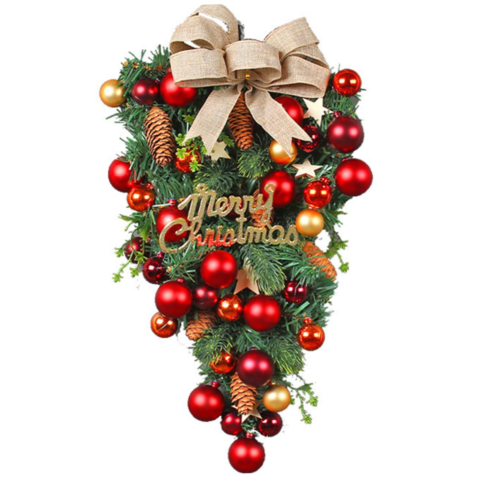 Grsrkep Christmas Teardrop Wreath with Bow and Red Ball Artificial Pine Christmas Wreaths for Front Door Wall Hanging Garland for Fireplace Xmas Tree Decor