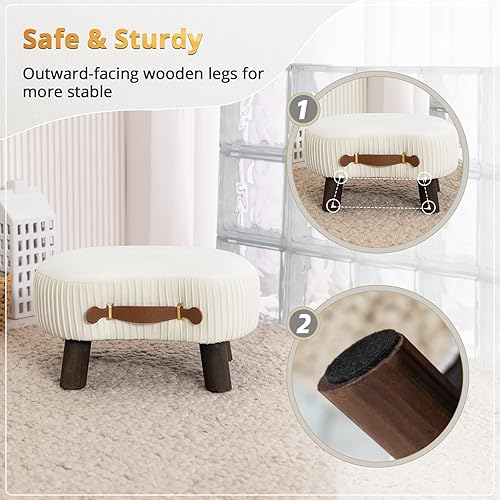 Miniatura 6 de LUE BONA Taburete pequeño curvado con asa, reposapiés de terciopelo beige y otomanos, moderno reposapiés con patas de madera, taburete con asiento