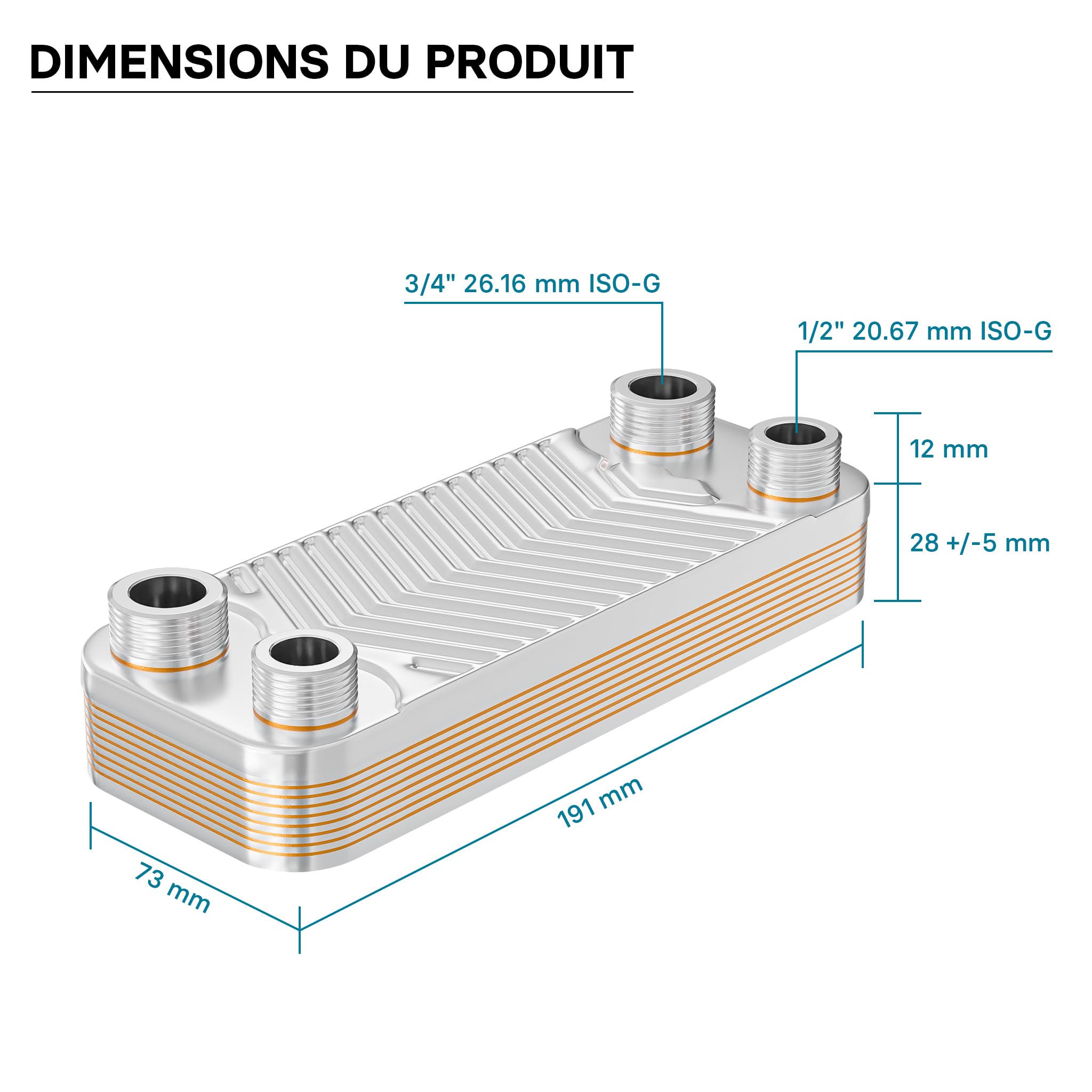 Wiltec Échangeur de chaleur thermique avec 10 plaques – 191 x 73 x 414 mm – max. 22 kW – 0,18 l par passe – en Acier inoxydable – pour Eau Solaire