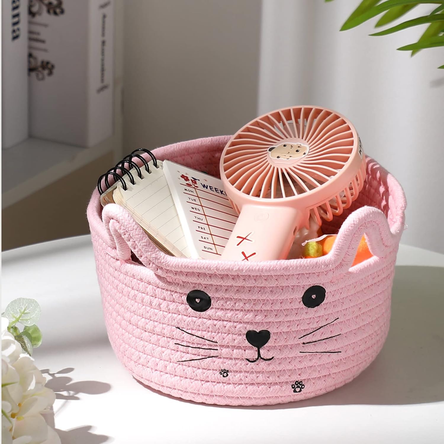 Tokaneit Joli Panier de Rangement Tissé en Forme D'animal, Panier en Corde de Coton Mignon, Panier de Rangement Tressé en Coton, Convient pour Le Rangement de La Chambre et du Salon (Rose)
