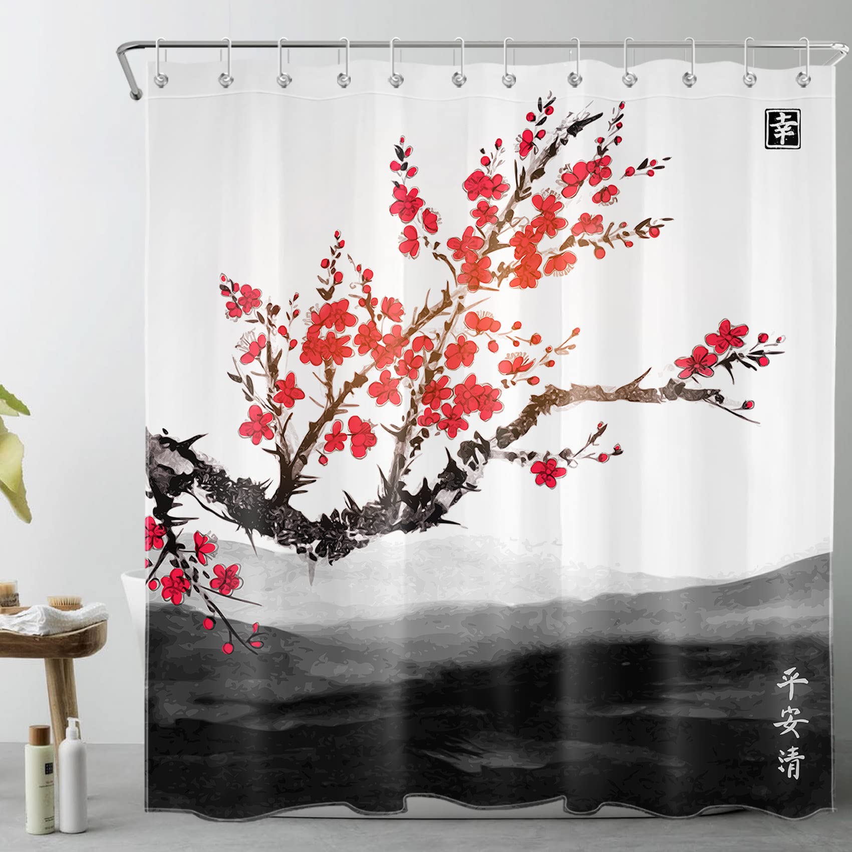 LB Black and White Shower Curtain for Bathroom Japanese Mountain Red Flower Shower Curtains Mould Proof Resistant Waterproof Washable Fabric with Rings, 71x71 inch