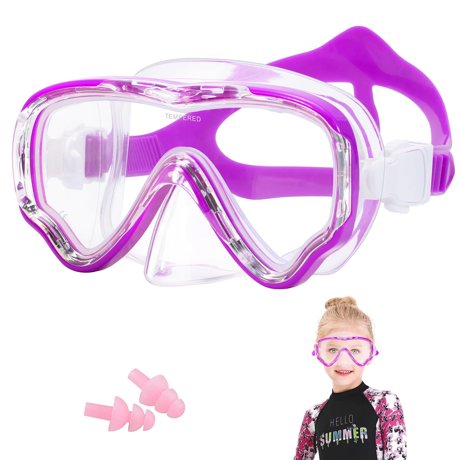 HIKOTEY Gafas de buceo para niños (4 – 12 años), máscara de buceo con tapones para los oídos y pinzas para la nariz incluidos, correa de silicona ajustable, máscara de esnórquel antifugas para niños,