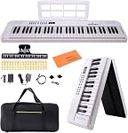 ADM 61 Clé pliante électrique Piano clavier, Piano pliable clavier électronique, sans fil 128 Tons, 128 Rhythmes inclus Pedal, Gig Bag, Casques pour débutants, étudiants, adultes (blanc)