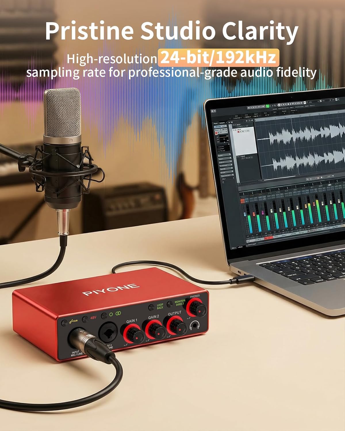 Audio Interface, 2X2 24-bit/192kHz Interface for High-Fidelity, Studio Quality PC/Mac/iOS Recording, XLR/TRS Combo Input, Monitor Mix/Loopback Function, One-Cable Setup(Alloy Red)