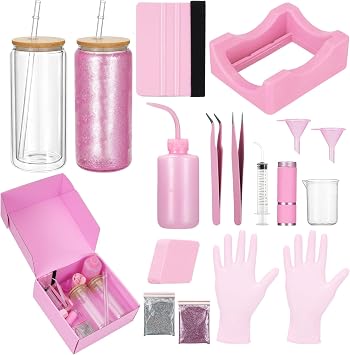 Foxtell 18 Pcs Snow Globe Tumbler DIY Kit 16 oz Pre Drilled Wall Double-Wall Snow Globe Cups with Lids Glitter Tools & Accessories Complete Craft Set for Making Custom Glitter Tumblers Pink